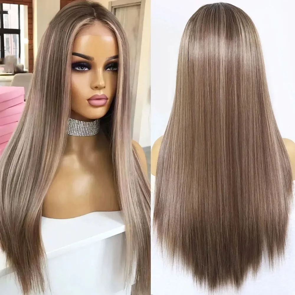 

Brown Highlight Synthetic Lace Front Wigs Straight 13x4 Colored Wavy Glueless Wig Dark Roots Blonde Wig For Women Pre Plucked