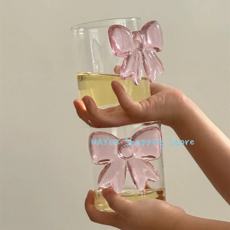 Pink Big Bow Glass Heat-resistant Coffee Cup Home Cute Cold Drink Ice Cream Cup Light Luxury Simple Glass Tableware Mug Gift