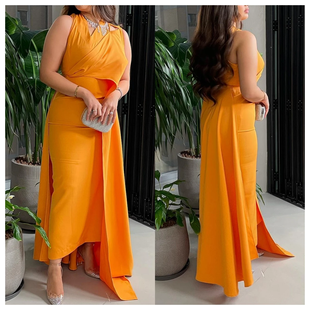 

Customized Elegant Orange Jersey Evening Dress V-Neck Sleeveless Special Occasion Gowns Homecoming Dress Temperament Modern