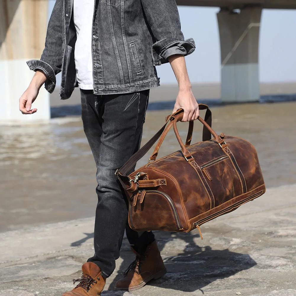 S.WORKER Vollnarbenleder Herren-Reisetasche mit mehreren Fächern, große Kapazität, Weekender-Reisetasche aus Vollnarbenleder – Detail 5