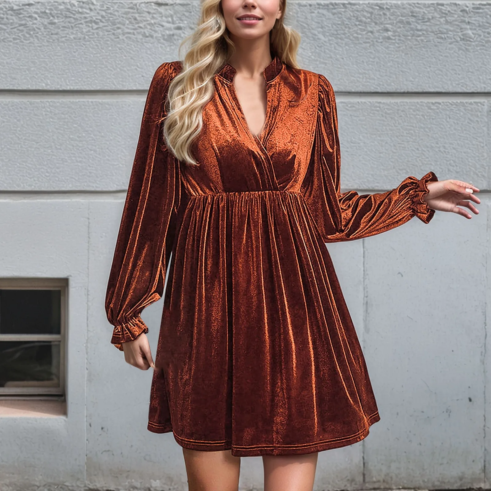 Elegant  Party Mini Dresses Women Sexy Pleated V Neck Slit Long Sleeve Ruched Sundresses Formal Club Night Out Wedding Dress