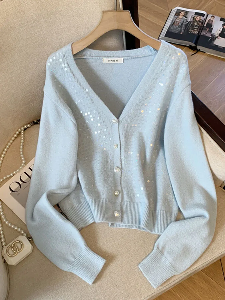 Korean Style Fashion V-Neck Knitted Sweater Women Solid Single Breasted Design Cardigan Autumn 2024 Elegant Loose Casual Tops