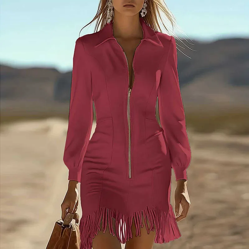 Vintage Clothes Woman Elegant Turn-down Collar Zipper Slim Tassel Dress 2026 Spring Fashion Solid Suede Long Sleeve Boho Dresses