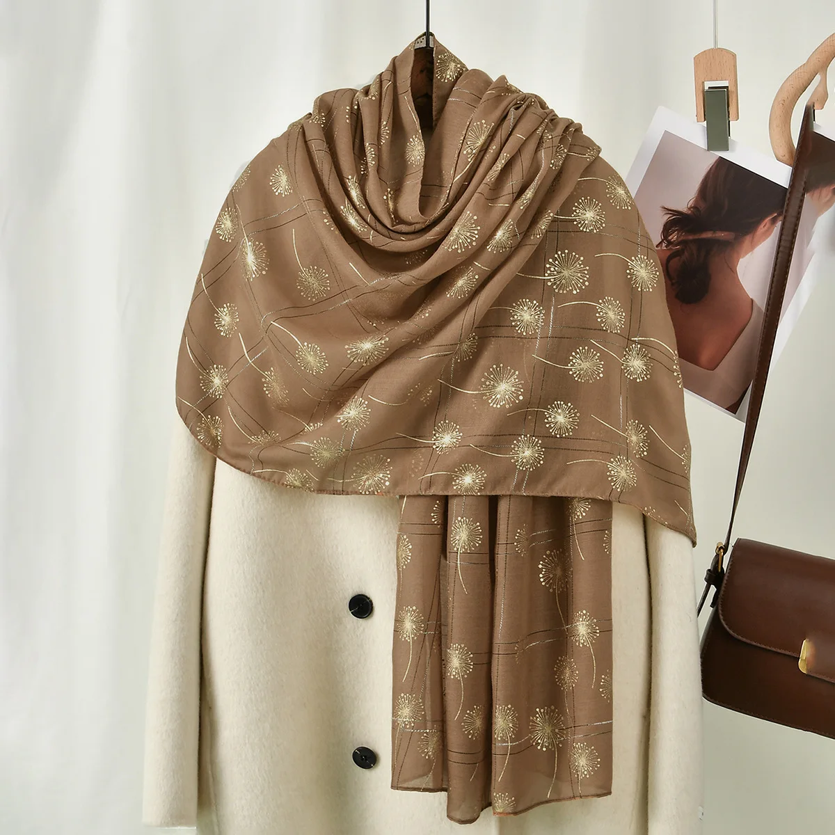 Spring Summer New Ethnic Gold Foil Dandelion Polyester Long Scarf for Women, Versatile Fashion Soft Wrinkle-Resistant Shawl Wrap