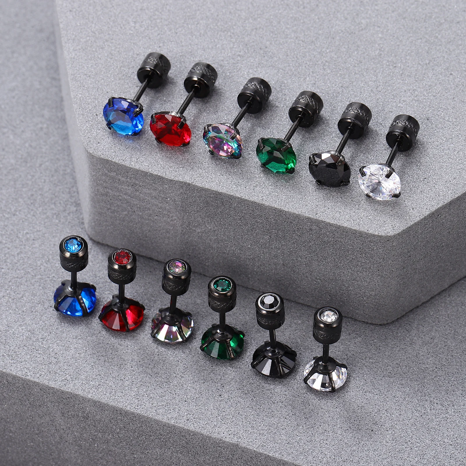 

6 Pairs Titanium Earrings for Women Locking Back Stainless Steel Screw Cubic Zirconia Flatback