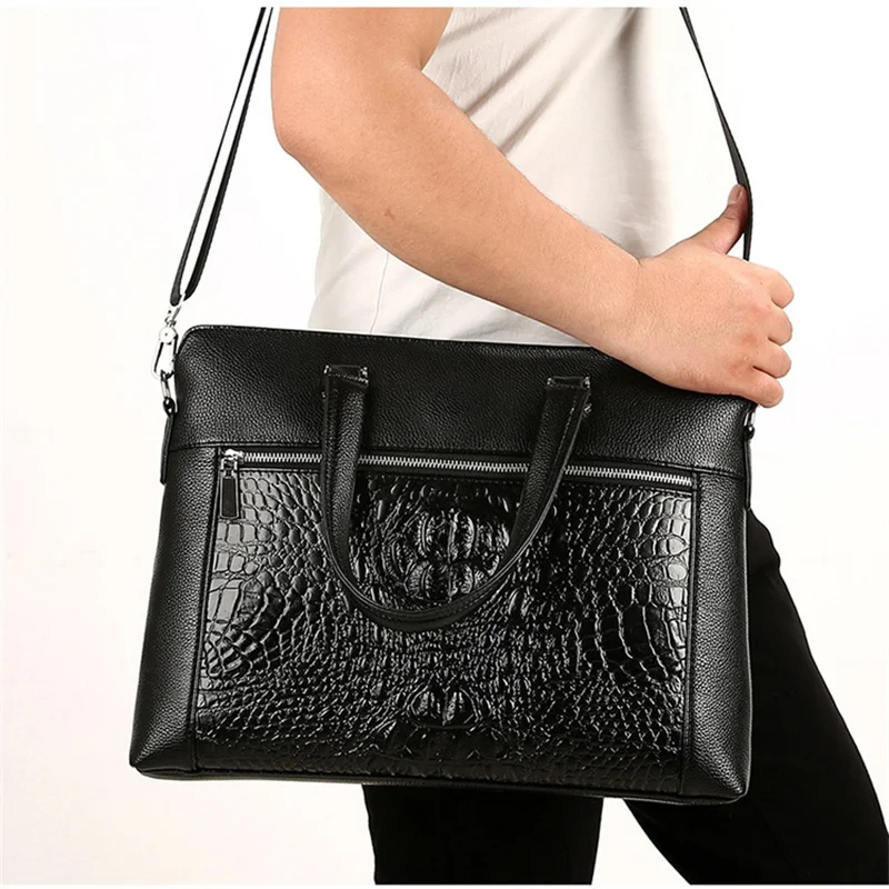Borsa per laptop in vera pelle con motivo coccodrillo per uomo Valigetta multifunzionale in pelle di mucca Borsa da uomo d'affari nera o a tracolla