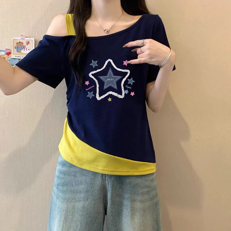 

Women' Splicing Short Sleeve T-Shirt 2026 Star Print Oblique Collar Casual Tees Asymmetrical Hem Fake Two-piece Tops for Summer