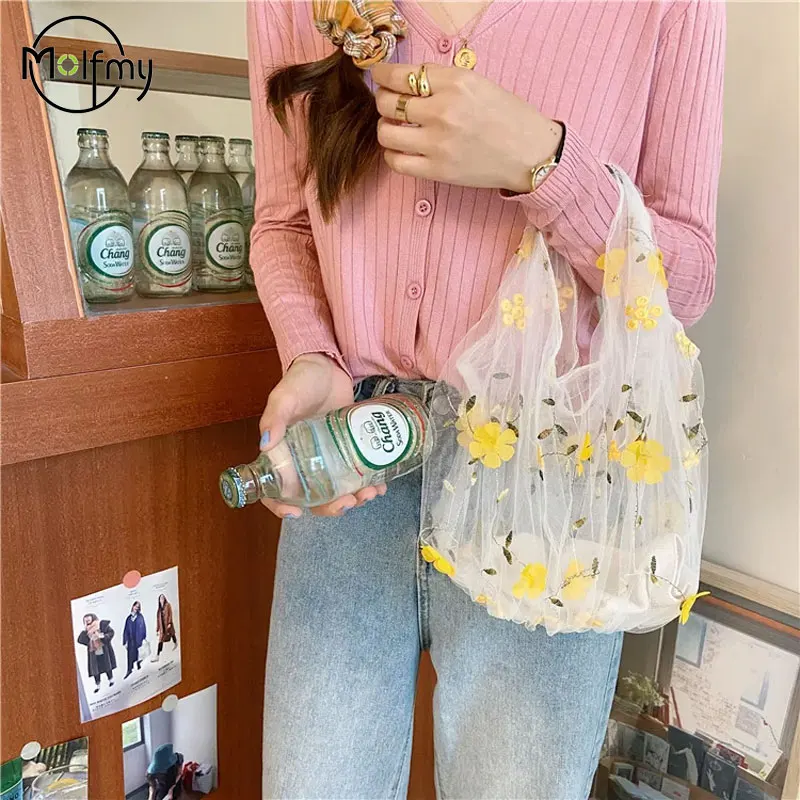 Transparent Women\'s Bag Silk Mesh Embroidery Flower Designer Luxury Bags Small Fresh Shopping Tote Bag Carteras Para Mujeres