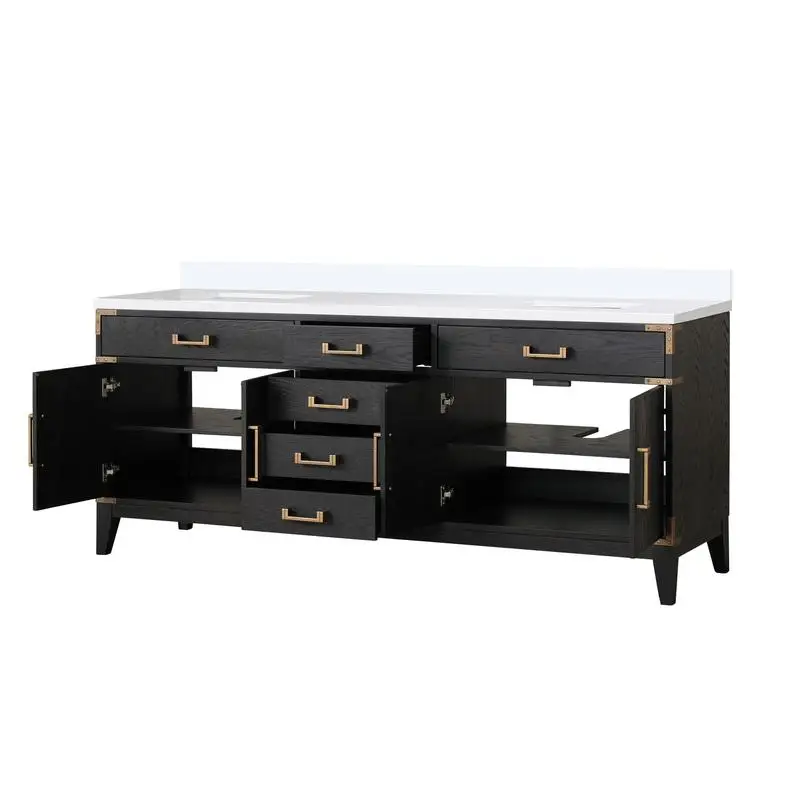 ตู้ห้องน้ำแบบคู่ขนาด 80 นิ้ว พร้อมท็อปหินอ่อนเทียม สีดำโอ๊ค ลึก 22 นิ้ว ดีไซน์หรูหราสำหรับห้องน้ำสมัยใหม่