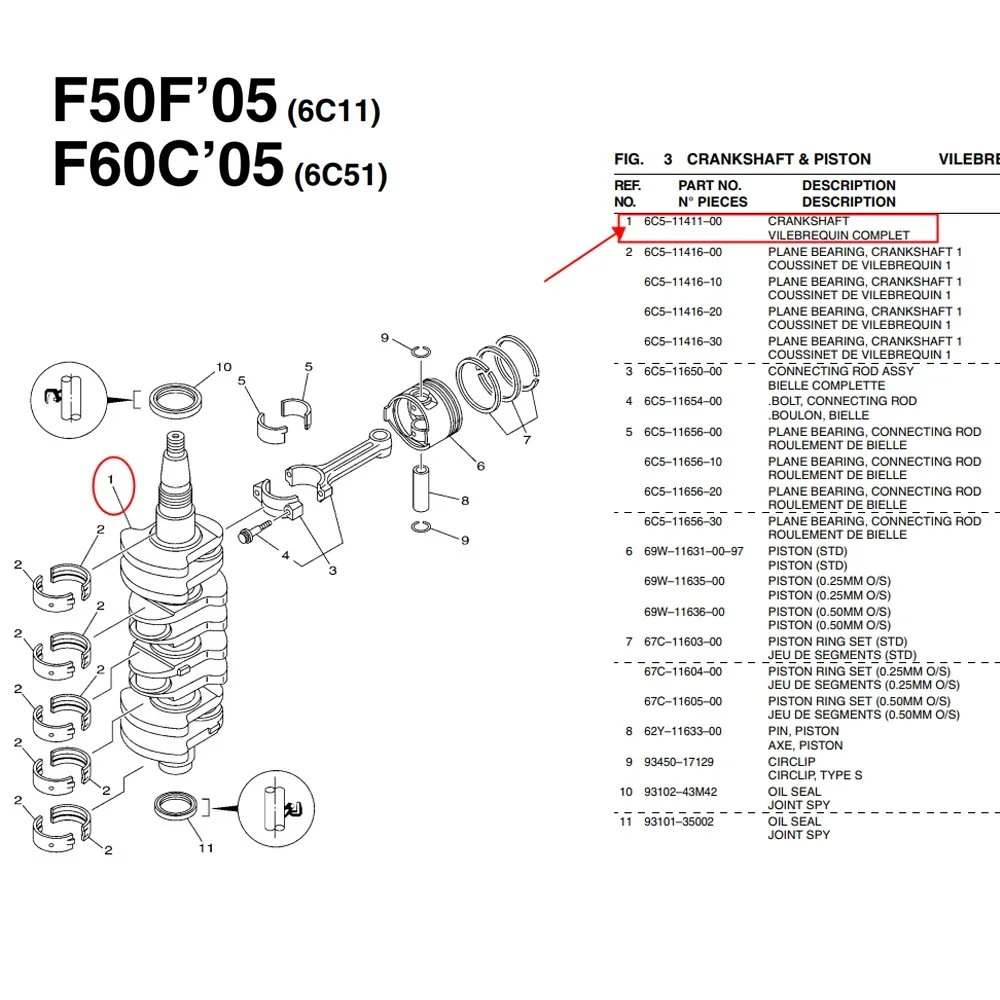 6C5-11411 Marine Parts Crankshaft For Yamaha Outboard Motor 4 Stroke 50HP/60HP F60cETL F50LB 69W-11411-00