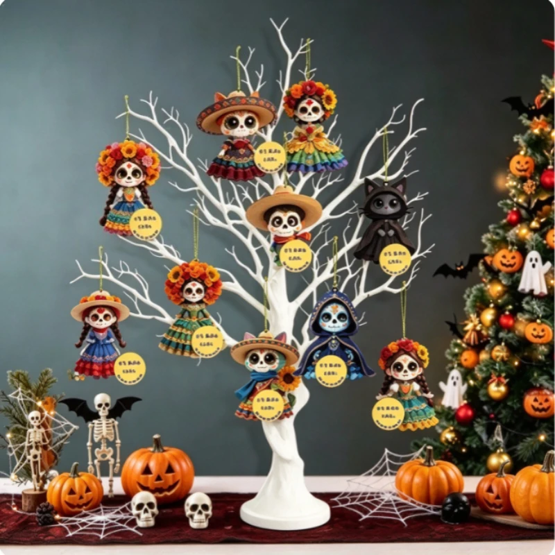 Day of the Dead Skull Wooden Pendant – Colorful Print Wall Decor for Halloween Festival Scene
