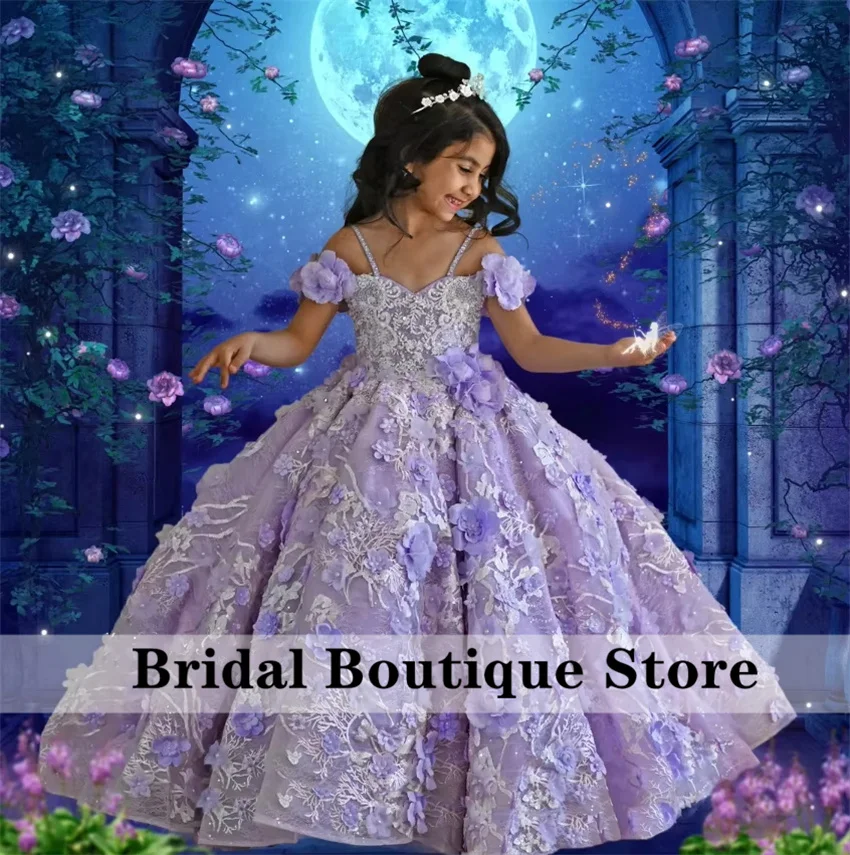 

Exquisite Lavender Flower Girl Dress 2025 Flowers Lace Applique Crystals Pearls Princess Child Birthday Party Gown Customized