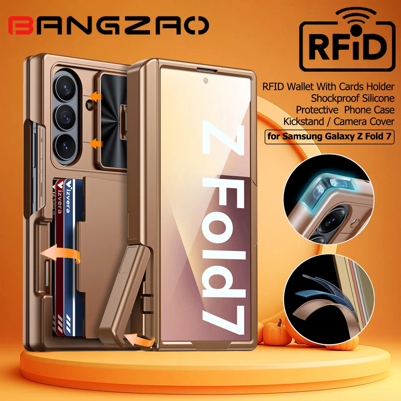 

Подарки на Хэллоуин для Galaxy Z Fold 7, RFID-кошелек с держателем для карт [подставка][крышка камеры] Противоударный силиконовый чехол для телефона - золото