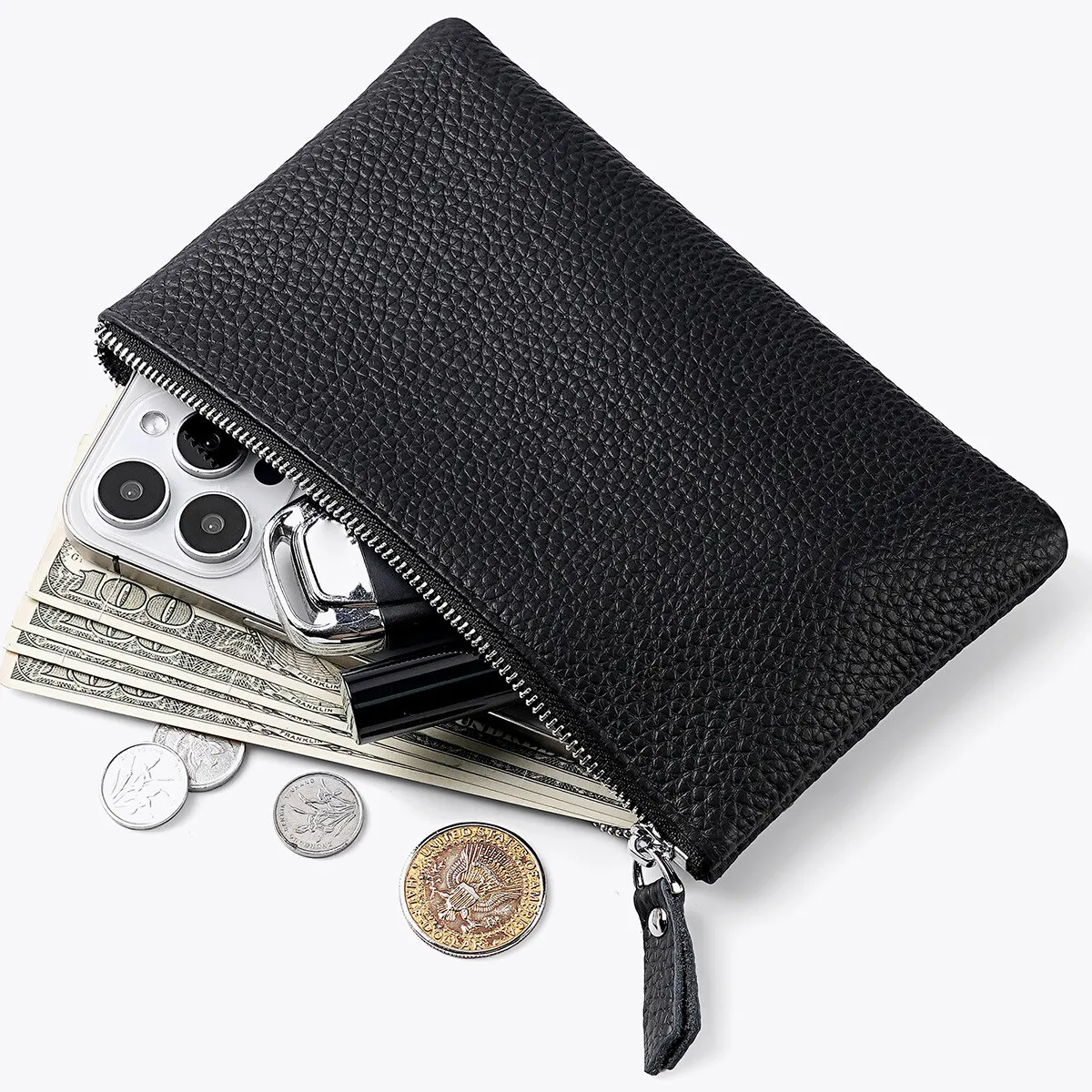 Womens Top Grain Leather Wristlet Clutch Phone Holder Long Wallet Purse Zipper Hand Bag