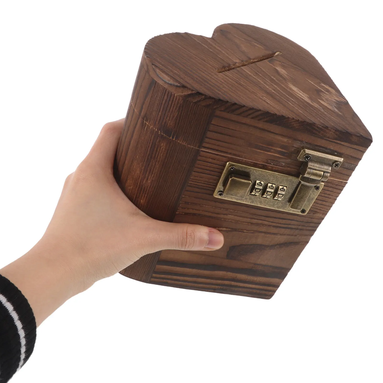 Heart Shaped Wooden Piggy Bank with Lock Coin Savings Box Rustic Home Decor Anniversary Gift