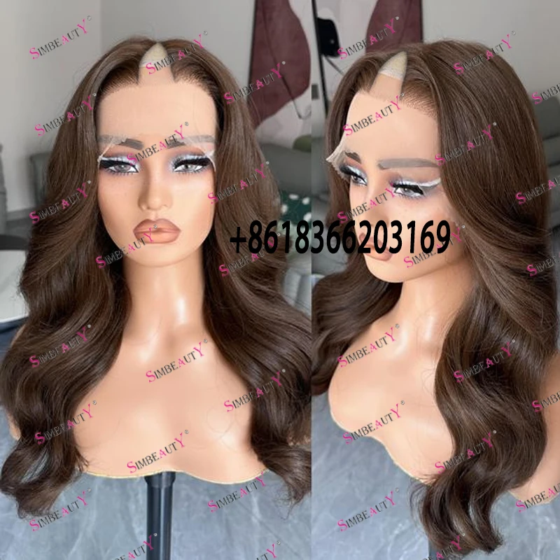 Long Wavy 100% Human Hair Opening V Part Wigs for Black Women Chocolate Copper Brown 1X4 Size  V Part Wigs Natural Daily Wear