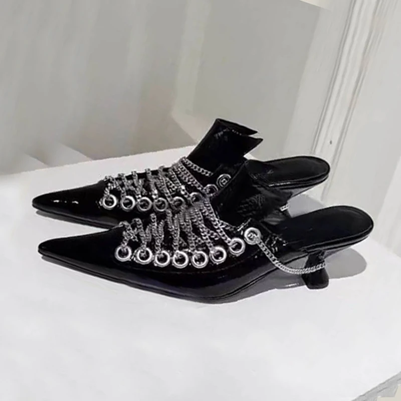 Summer Spring Slip on Shoes 2022 Fashion Vintage Metallic White Chain Mules Shoes Women Sexy Low Heel Pointed Toe Slippers