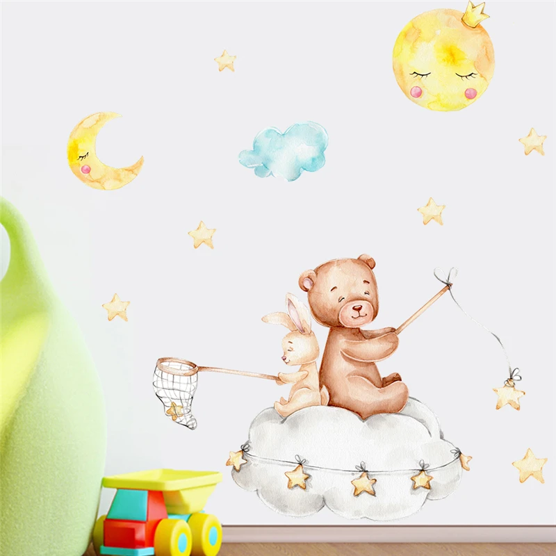 Cute Bear Rabbit Catch Star Moon Wall Sticker For Kids Bedroom Decoration Cartoon Animal Mural Art Diy Home Decals Pvc Poster