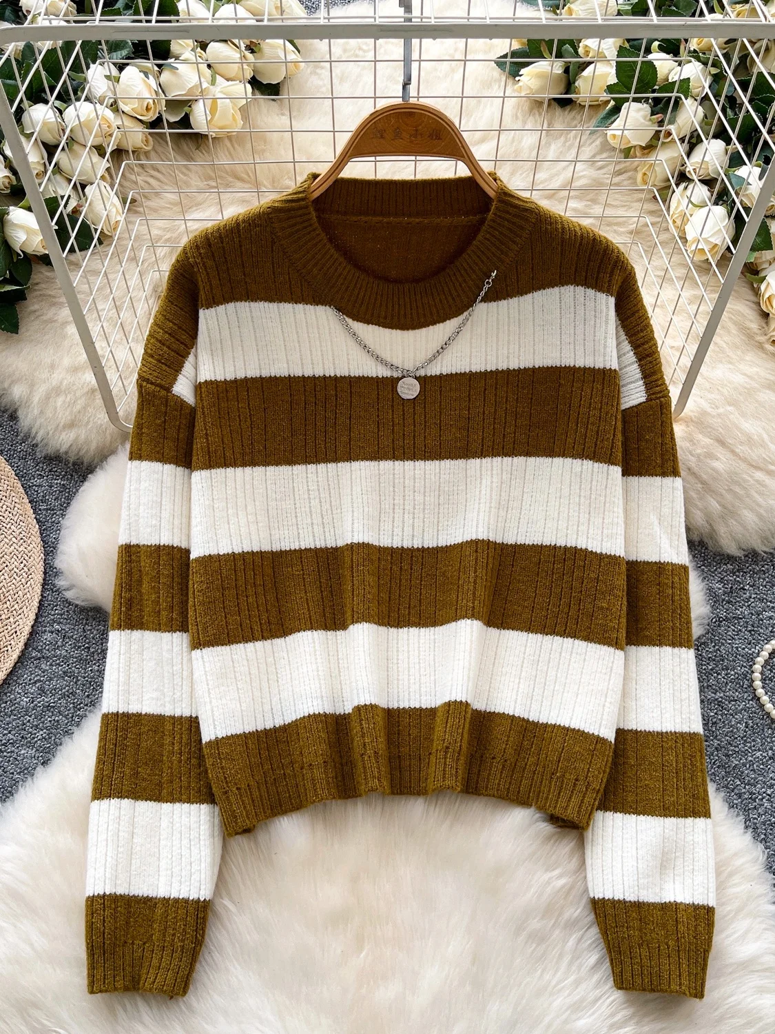 Dongda Gate سترة نسائية محبوكة فضفاضة بقصة ضيقة غير رسمية مستديرة Ne Long Sve مخططة تريكو الخريف والشتاء Faion