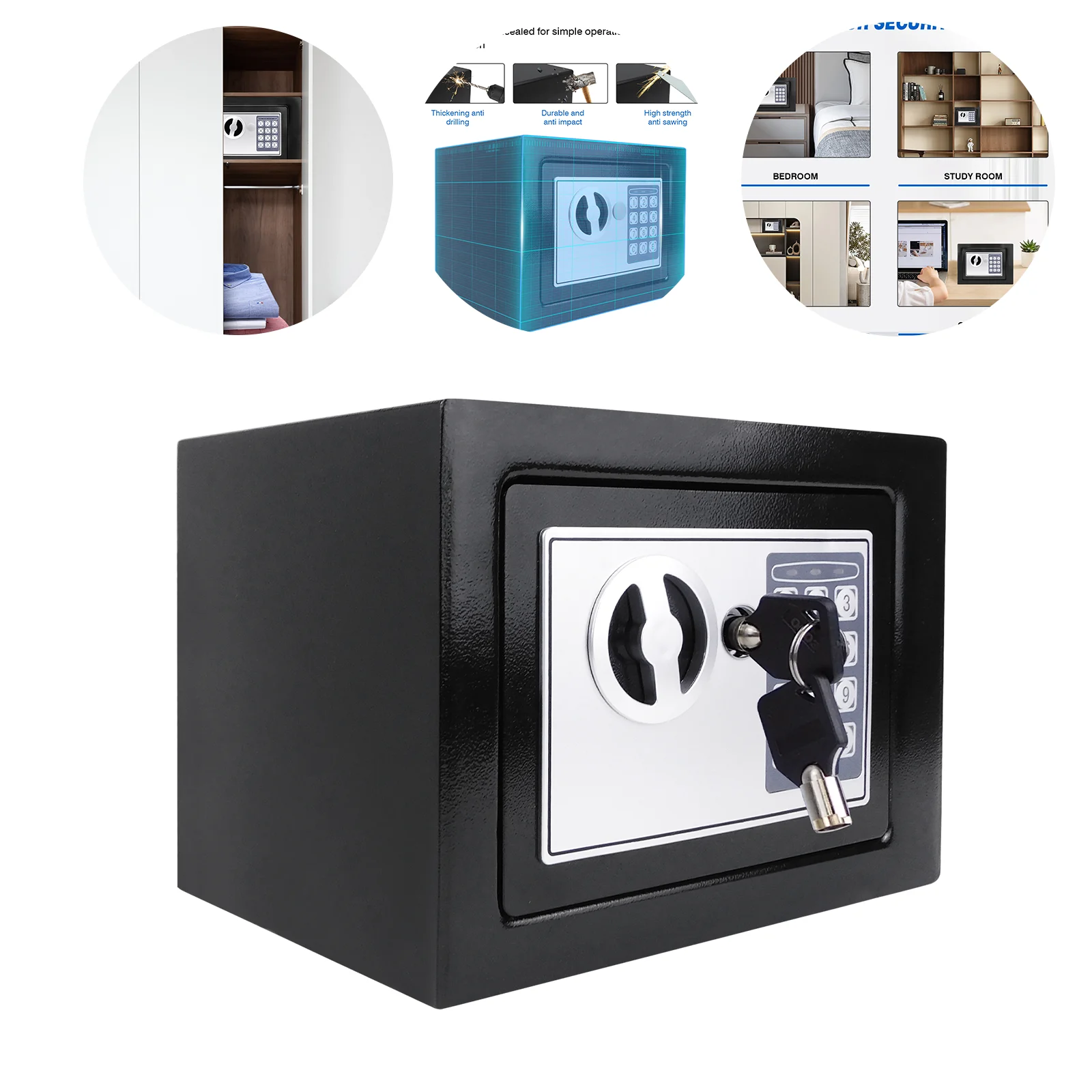 Mini caja fuerte para uso doméstico, caja fuerte eléctrica de 4.5L con llaves de emergencia, caja fuerte para el hogar y la oficina, montaje en pared.
