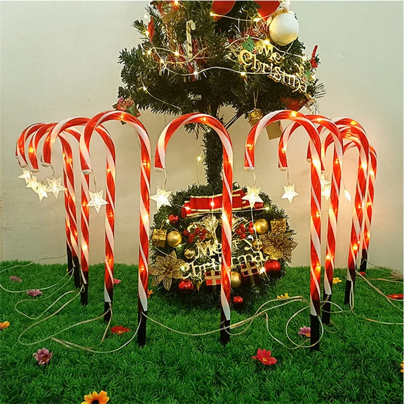 

A07F-Solar Christmas Cane Ground Lights Light String Candy Star Cane Lawn Landscape