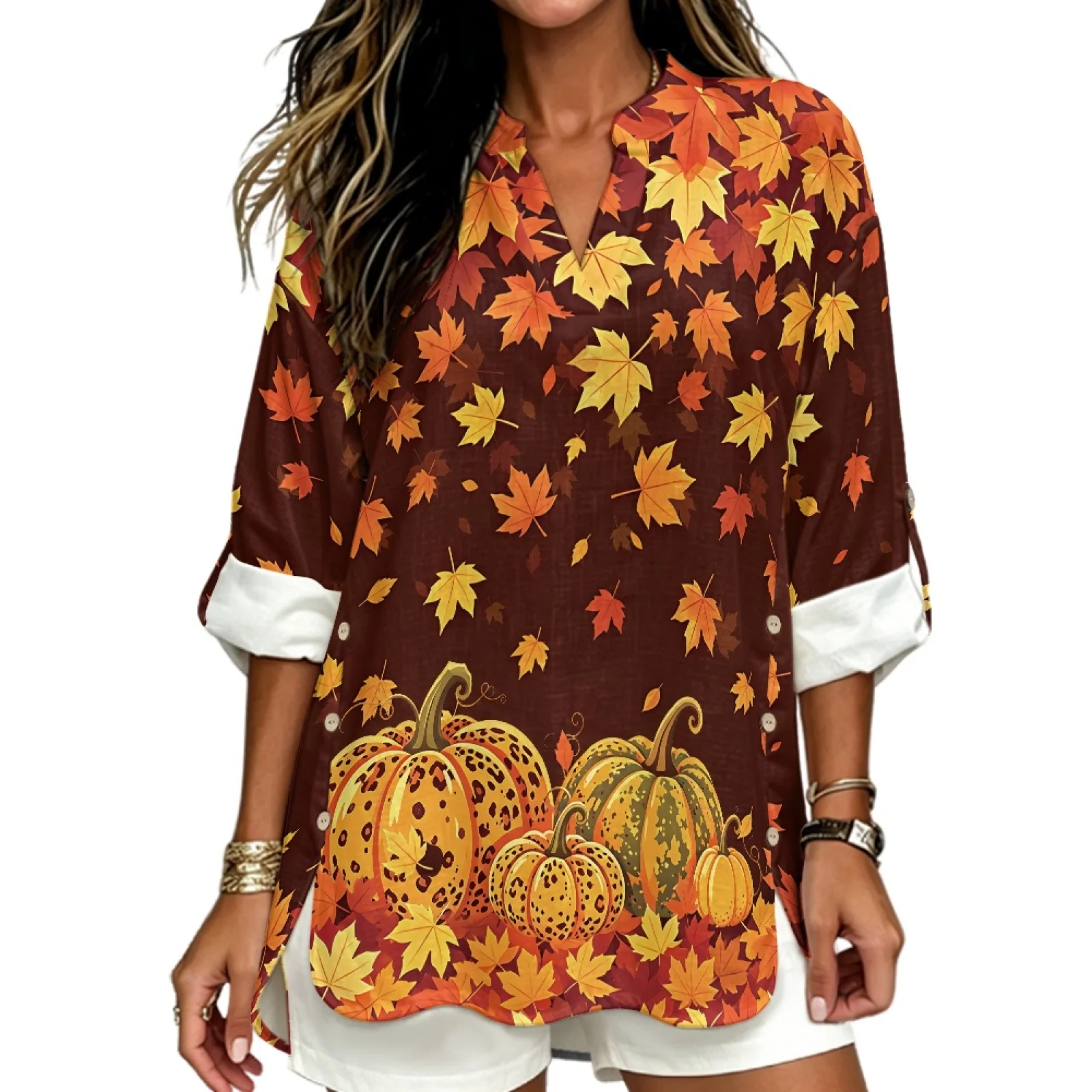 PENSTROLL Maple Leaf Pumpkin Linen Style Long Sleeve V Neck Shirts Roll Up 3/4 Sleeve V Neck Blouse for Women Sizes S-5XL