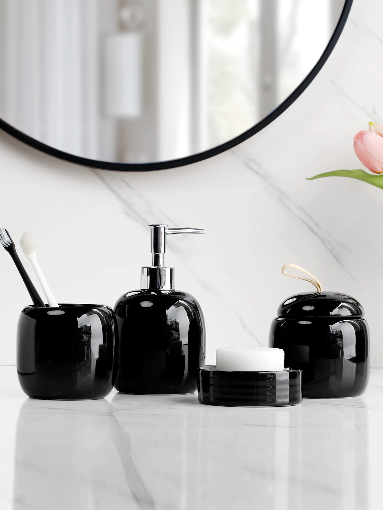 Bathroom Accessories set Soap  Dispenser  Soap Dish Tumbler Pump Bottle Cup  Cotton swab box Black or White Ceramic material