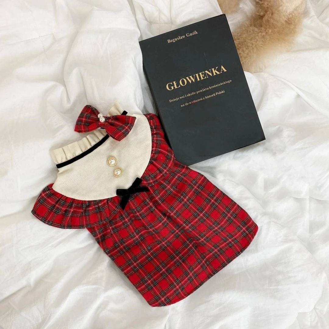 

Retro Plaid Pet Princess Dress With Black Bow Elegant Dog Dress Cats Puppies Maltese Yorkshire Terriers Small Dog Clothes