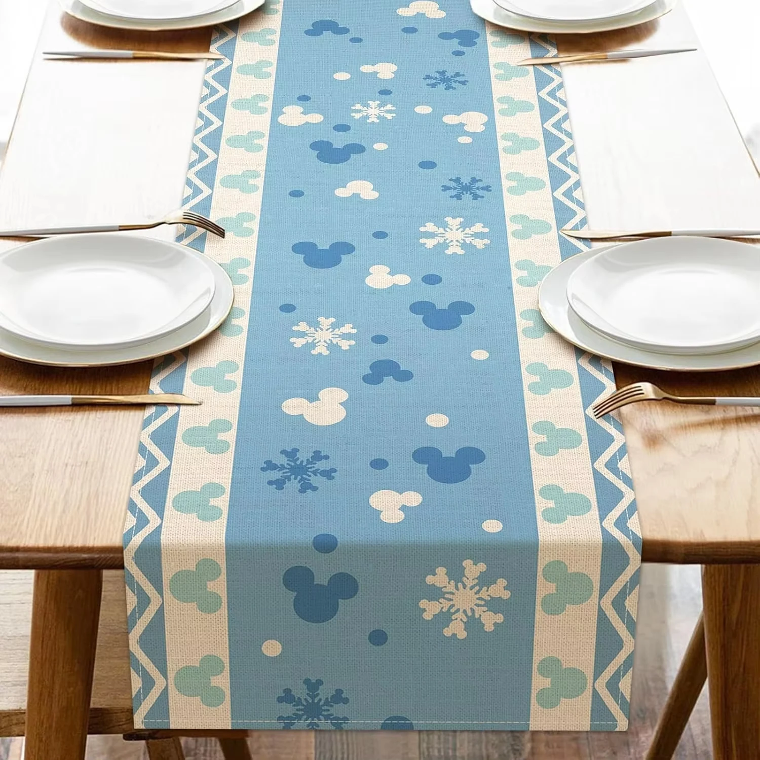 

Winter Blue Table Runner with Disney Mickey Mouse Wreath, Snowflake Polka Dot Print for Indoor Room Decor