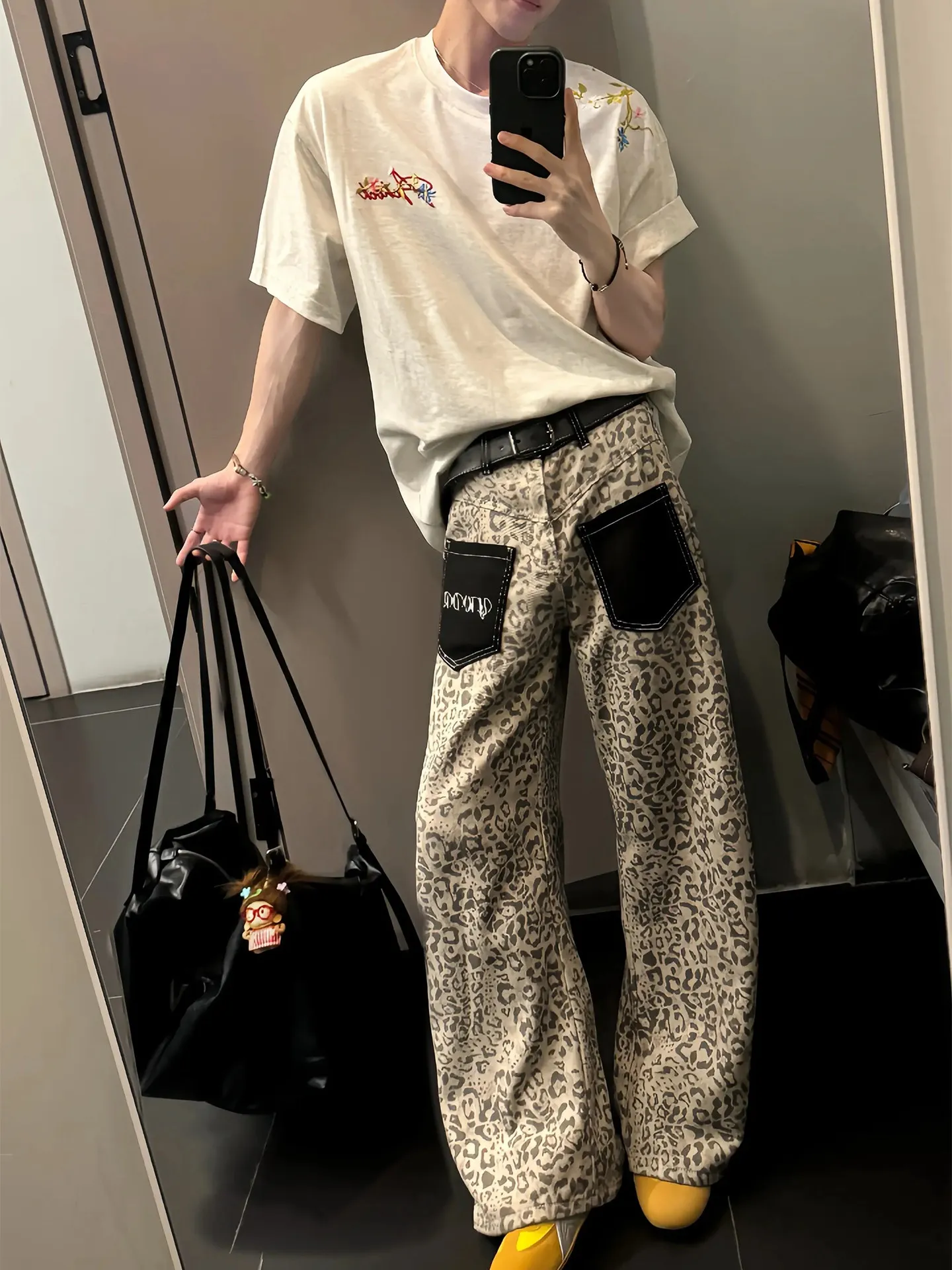 Retro American High Street Leopard Print Patch Pocket Jeans Men's Hip Hop Loose Leggings Slimming Knife Pants