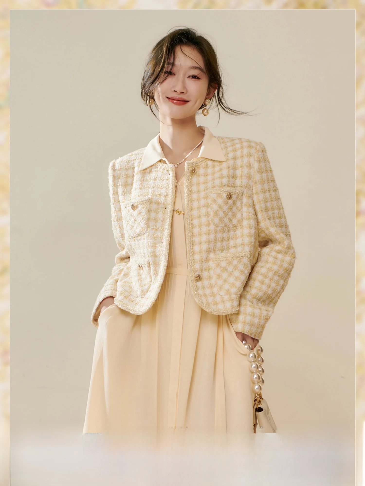 

Heavyweight Mixed Yarn Knitted ort Coat with Cr Puff Design And Plaid Pattern for Women Commute Sle Spring 2023