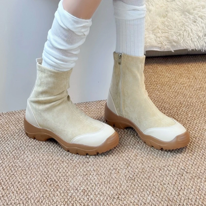 

Side Zip Booties Fall Winter New French Round Toe Suede Platform Heightened Stretch Skinny Boots