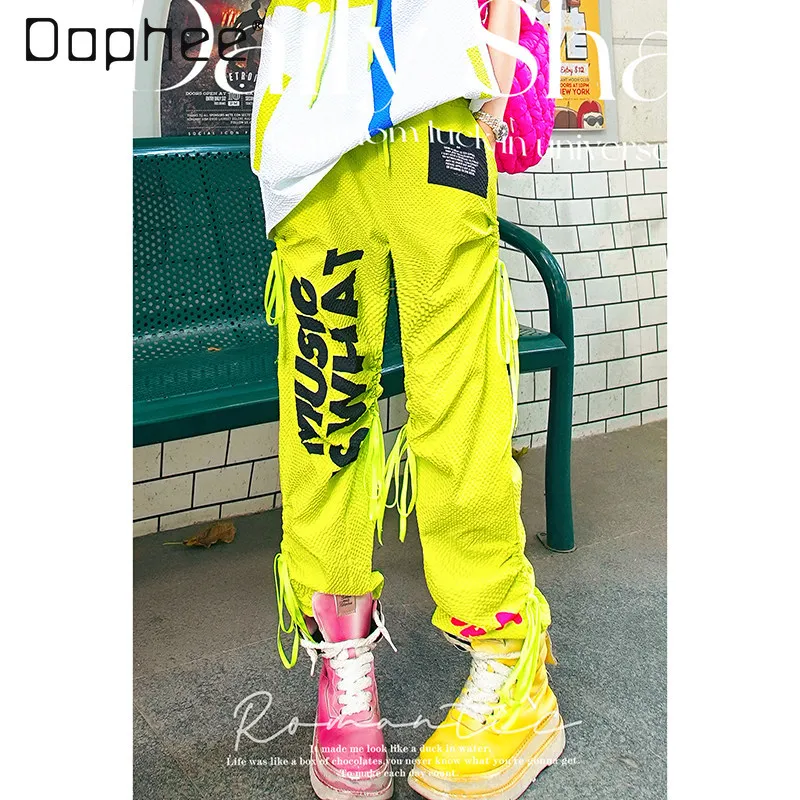 

Женские повседневные брюки-джоггеры свободного кроя с флуоресцентными желтыми буквами, весна-лето, новые, с цветными нашивками, модные, уличные, спортивные