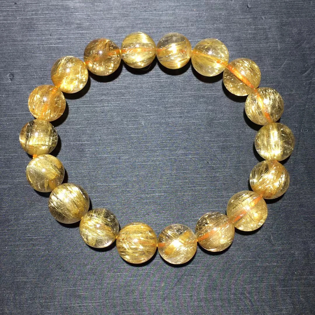 Natural Gold Rutilated Quartz Titanium beads Bracelet 11.4mm Wealthy Woman Men Clear Round Beads Jewelry From Brazil AAAAAAA