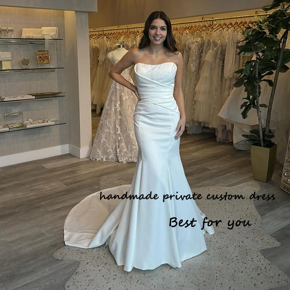 

White Satin Mermaid Wedding Dresses for Bride Strapless Simple Civil Bridal Gowns with Train Long Beach Bride Dress Lace Up Back