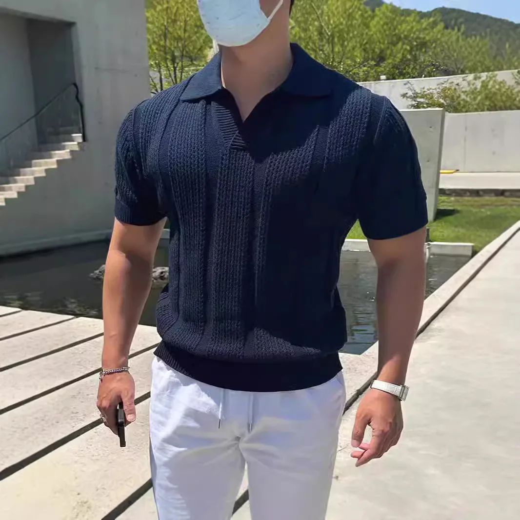 베이스 레이어 남성용 통기성 홀로우 아웃 셔츠 2026 봄 여름 실크 코튼 아이스 실크 메쉬 커프드 슬리브 니트 티셔츠