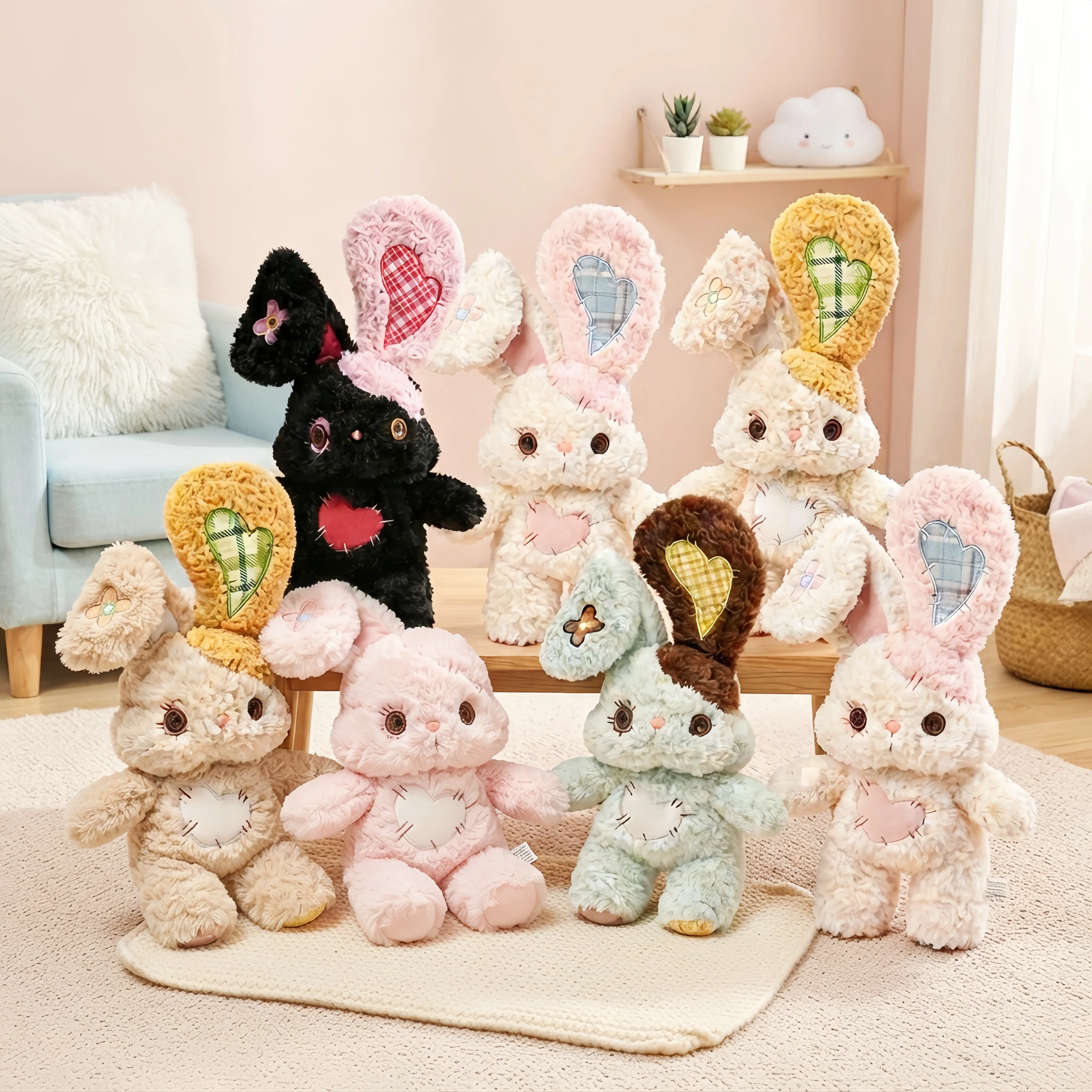 50cm Kawaii Vintage Patch Bunny Plush Doll Fluffy Stitched Heart Rabbit Stuffed Animal Soft Lolita Decor Exquisite Birthday Gift