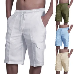 2024 weiße Baumwolle Leinen Shorts Männer Sommer Casual Multi-Tasche Sport Shorts Herren Mode Elastische Taille Atmungsaktive Strand Shorts