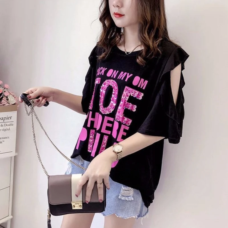 Women's T-shirt Graphic Blue Summer Outfit Baggy Top Female Glitter Sequin Long Short Sleeve Rhinestone Clothing Trending Emo