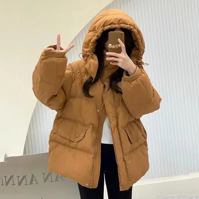 Piumino da donna caldo con cappuccio in piumino d'anatra bianca 2025 Piumino da donna spesso allentato casual con impunture in vita coreana di nuova moda H474