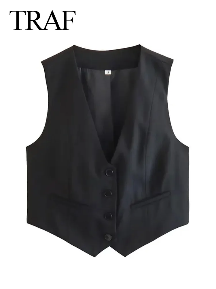 TRAF Spring Women Casual Waistcoat Black White V Neck Slim Cropped Tops Elegant Office Lady Outerwear Single Breasted Chic Tops