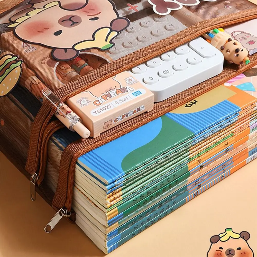 جديد شبكة كابيبارا حقيبة A4/A5/A6 بني داكن حقيبة ملفات سعة كبيرة طبقة مزدوجة منظم قرطاسية الطلاب #6