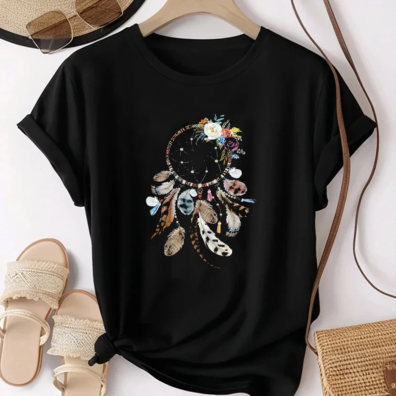 Fashion Harajuku Feather Dreamcatcher T Shirt Women Graphic Tees Shirt Femme Dream Catcher Women's T-shirt Clothes Tops