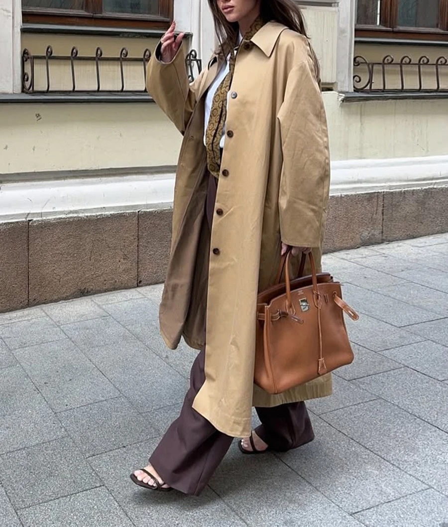 

Women's Simple Long Trench Coat 2025 Autumn and Winter Lapel Single-Breasted Trench Coat Pure Cotton Loose Women's Trench Coat