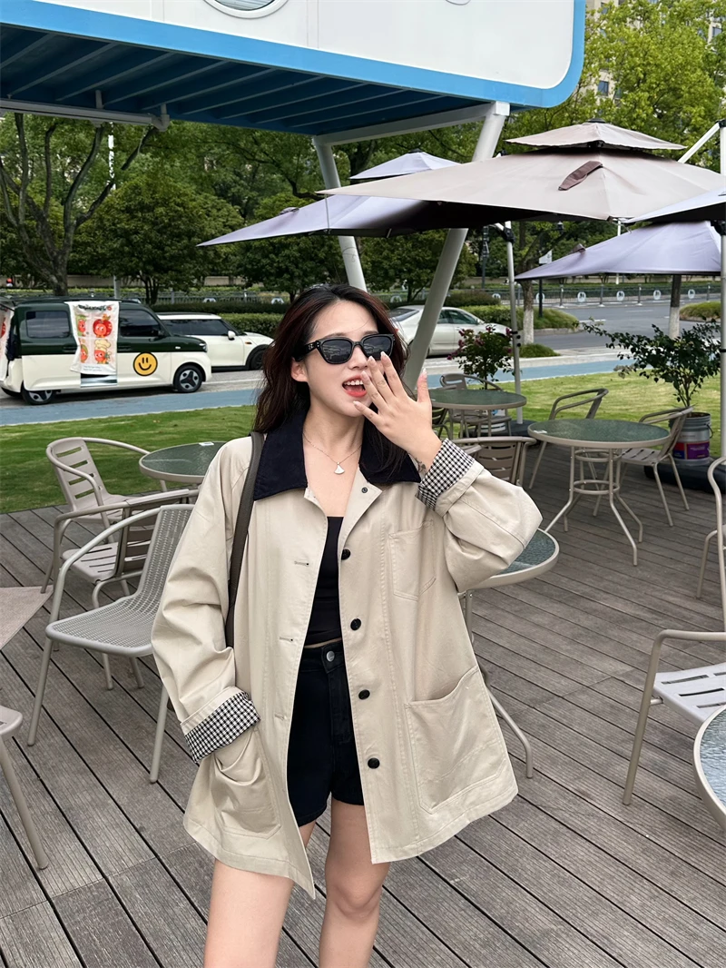 

Винтажное свободное длинное пальто для женщин, рабочая одежда, куртка с контрастным воротником, хлопковая, осенняя, модная, в стиле ретро, ветровка-барн