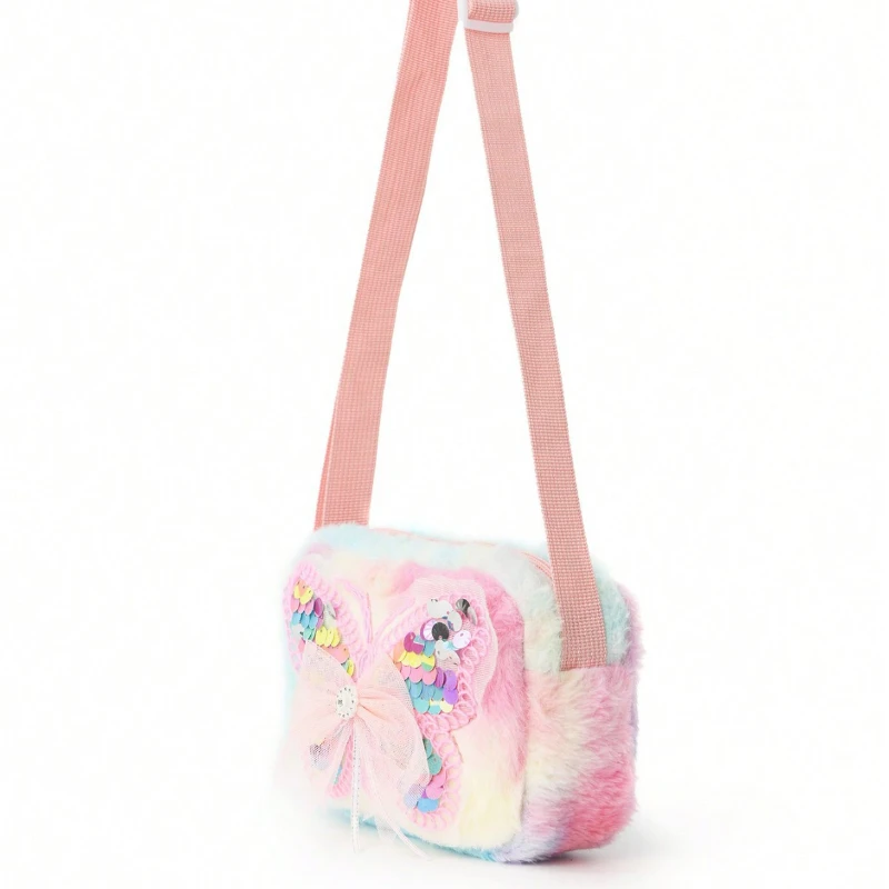 Sacs à bandoulière papillon rose pour fille, sacs de dessin animé pour femme, petit sac carré en peluche pour mère et enfants