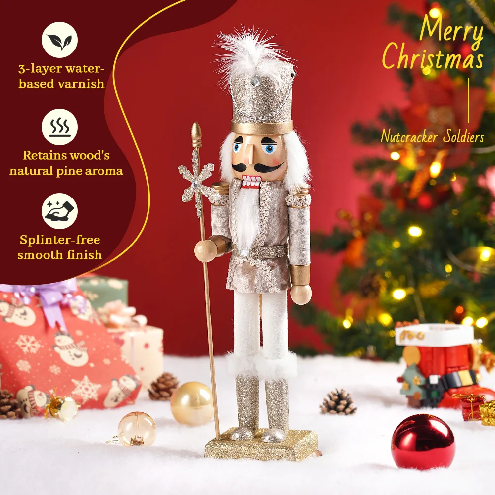 38CM SLIVER Christmas Nutcracker Puppet Statue Santa Claus Wooden Toy Decoration Wooden Handicrafts Art Gift Christmas Eve Party