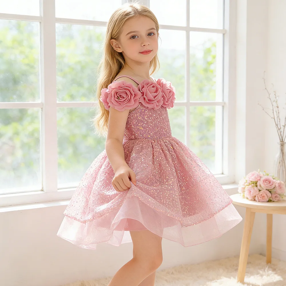 

Elegant Party Dress For Kids Flower Rose Sequins Mesh Princess Dress For Children Girls Birthday Party Performance Ball Vestidos
