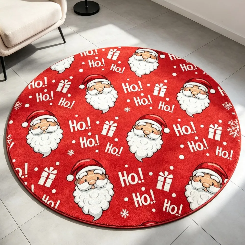 Red Santa Claus Round Area Rug Ho Ho Ho Circular Floor Mat Present White Dot Holiday Winter Carpet for Foyer Corridor