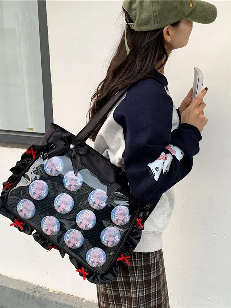 

Японская сумка-тоут Ita Bag большой вместимости на одно плечо с прозрачной вставкой и лентами, в стиле JK, для фанатов аниме, для хранения значков